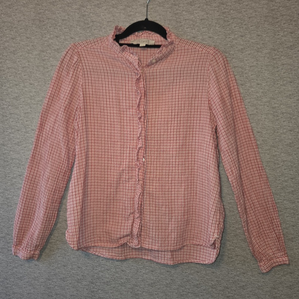 LOFT Red Gingham Checkered Blouse Ruffle Button Down Long Sleeve Top Women's XS